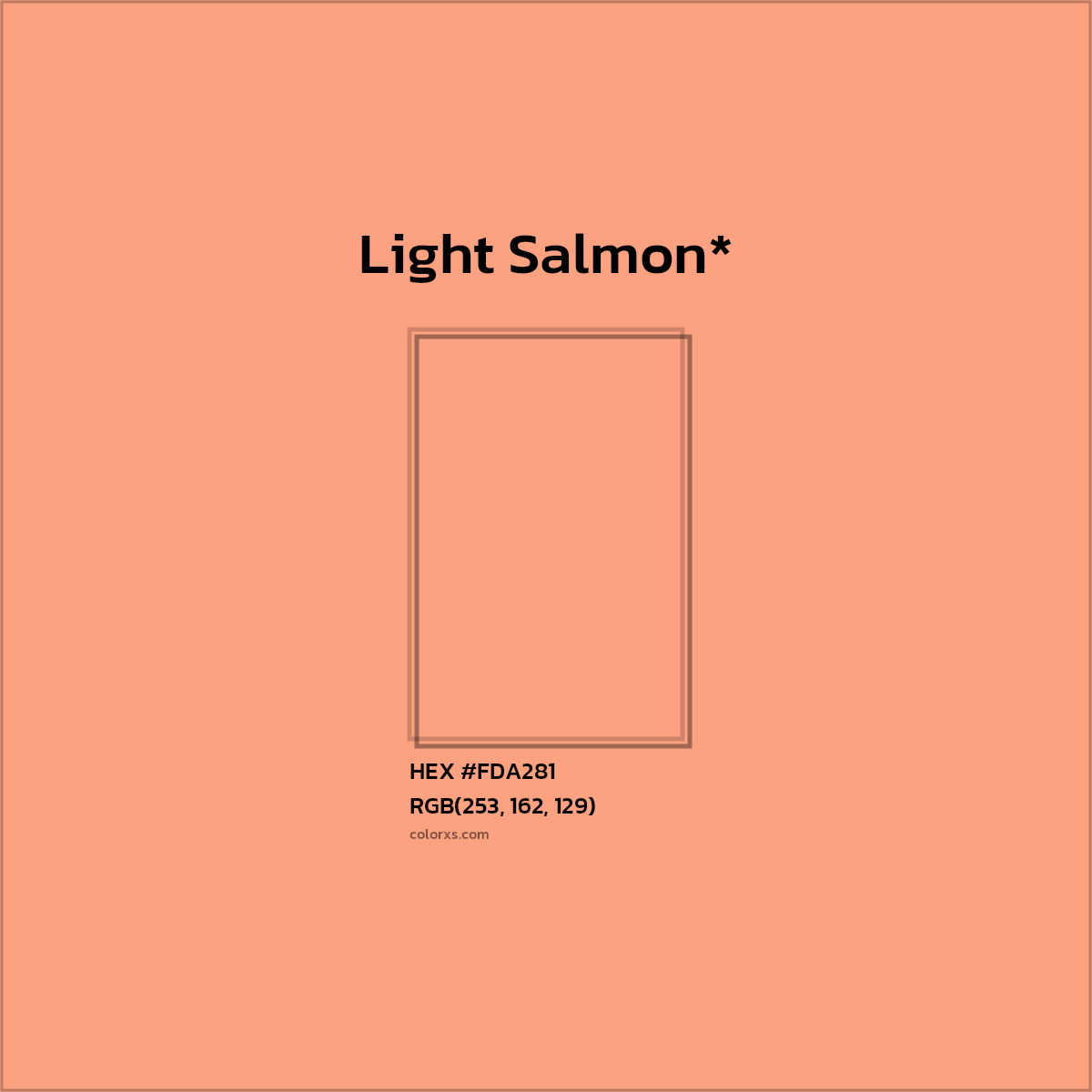 #FDA281 hex color. RGB, RYB, CMYK, HSL, HSV codes and color conversions. Matching color names, palettes, paints.