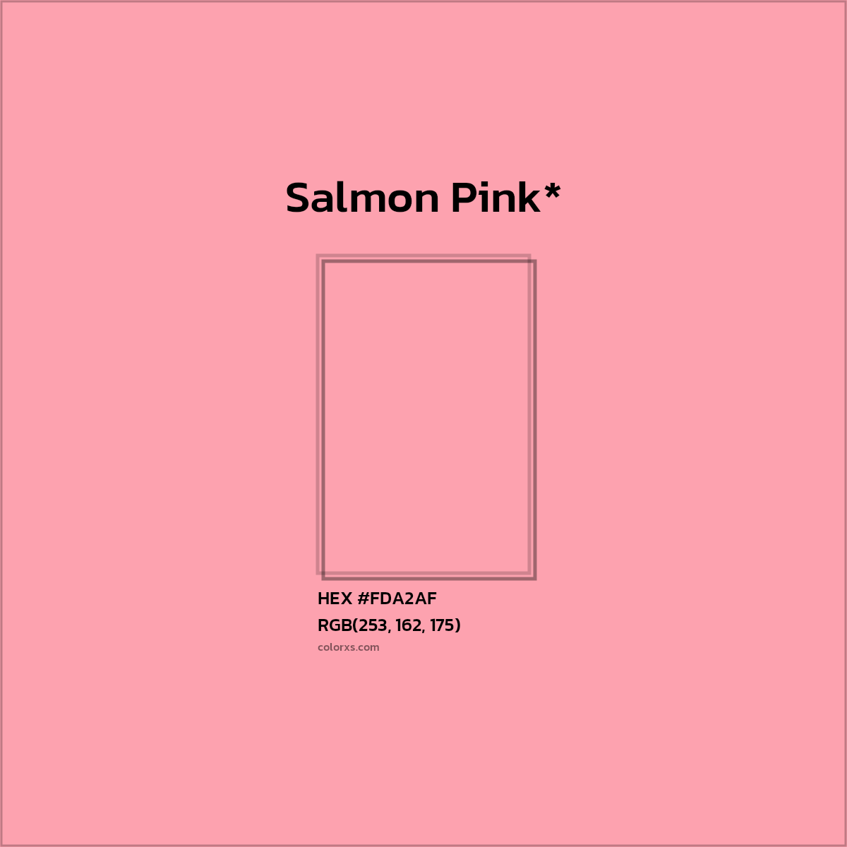 #FDA2AF hex color. RGB, RYB, CMYK, HSL, HSV codes and color conversions. Matching color names, palettes, paints.