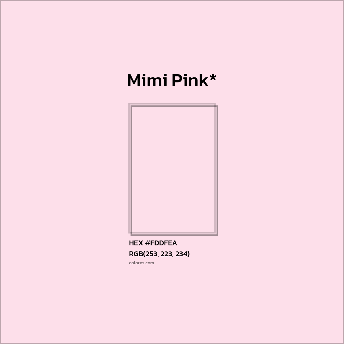 #FDDFEA hex color. RGB, RYB, CMYK, HSL, HSV codes and color conversions. Matching color names, palettes, paints.