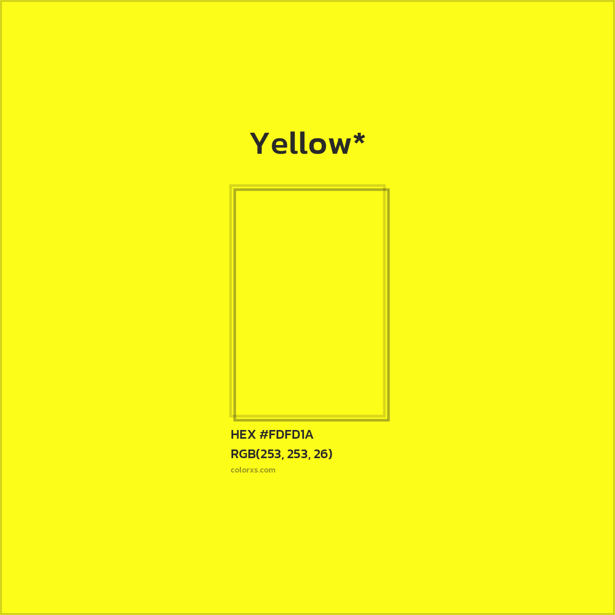 #FDFD1A hex color. RGB, RYB, CMYK, HSL, HSV codes and color conversions. Matching color names, palettes, paints.