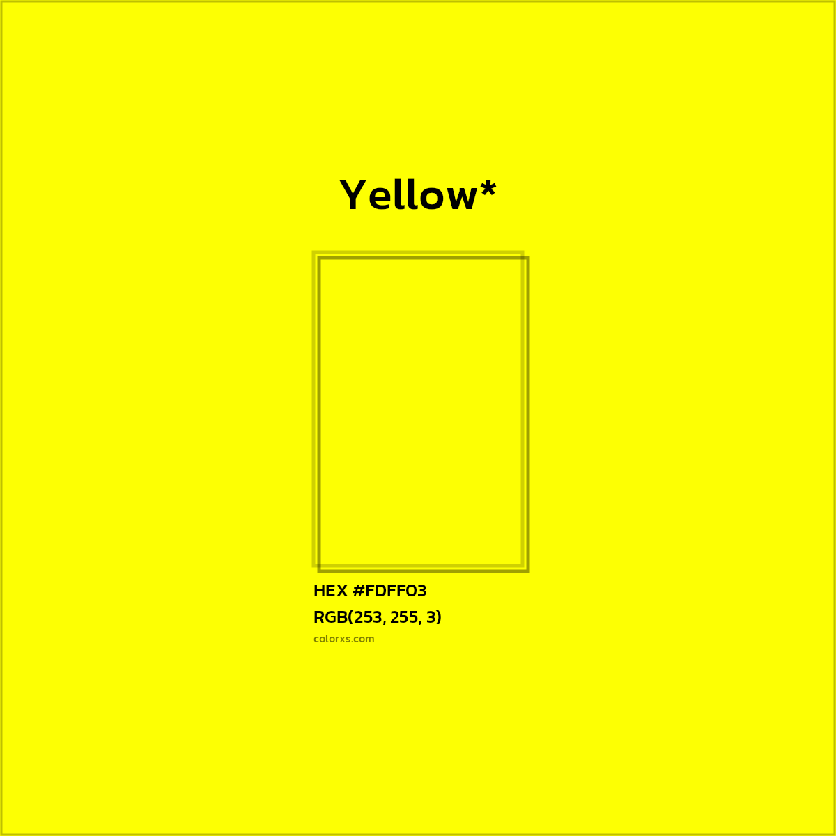 #FDFF03 hex color. RGB, RYB, CMYK, HSL, HSV codes and color conversions. Matching color names, palettes, paints.