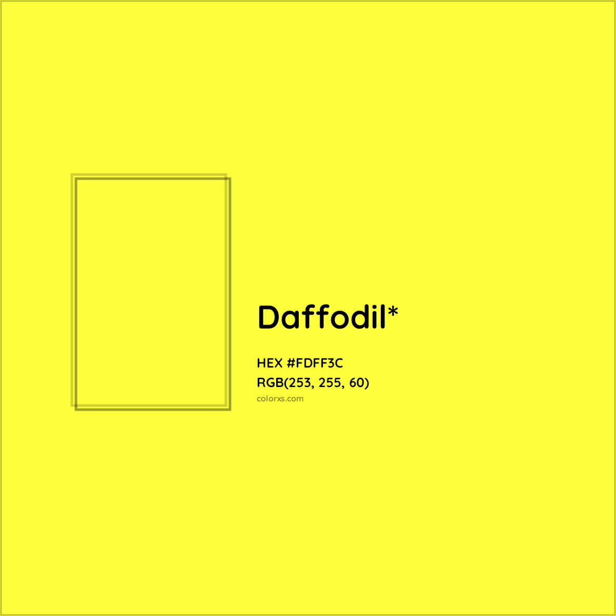 #FDFF3C hex color. RGB, RYB, CMYK, HSL, HSV codes and color conversions. Matching color names, palettes, paints.