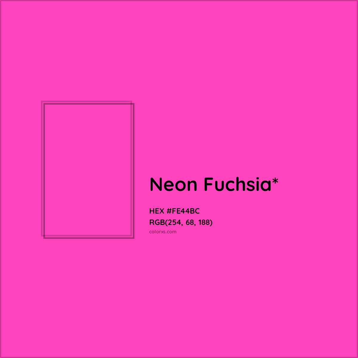 #FE44BC hex color. RGB, RYB, CMYK, HSL, HSV codes and color conversions. Matching color names, palettes, paints.