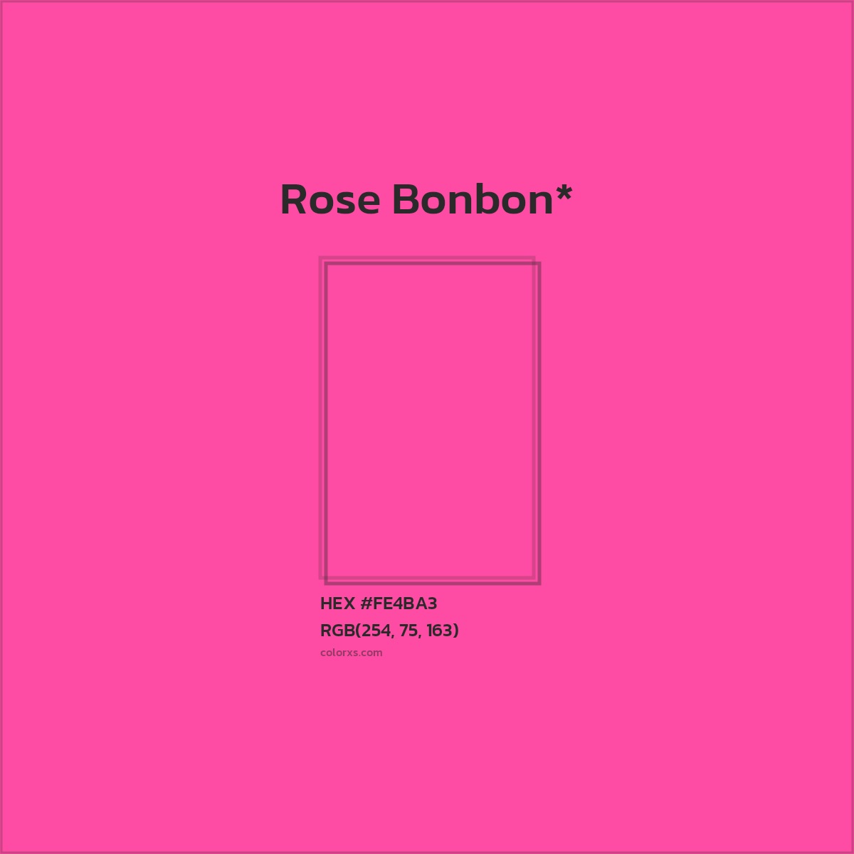 #FE4BA3 hex color. RGB, RYB, CMYK, HSL, HSV codes and color conversions. Matching color names, palettes, paints.