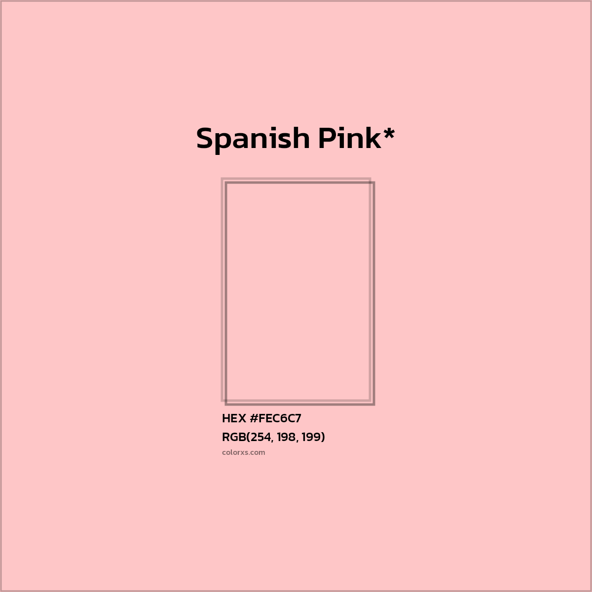 #FEC6C7 hex color. RGB, RYB, CMYK, HSL, HSV codes and color conversions. Matching color names, palettes, paints.