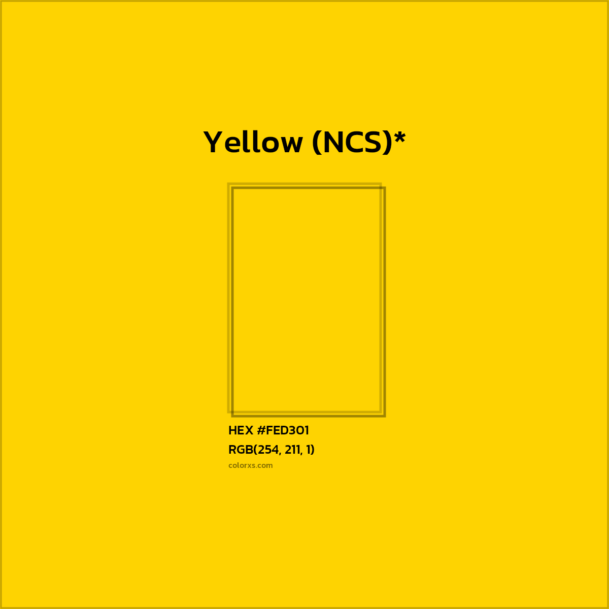 #FED301 hex color. RGB, RYB, CMYK, HSL, HSV codes and color conversions. Matching color names, palettes, paints.