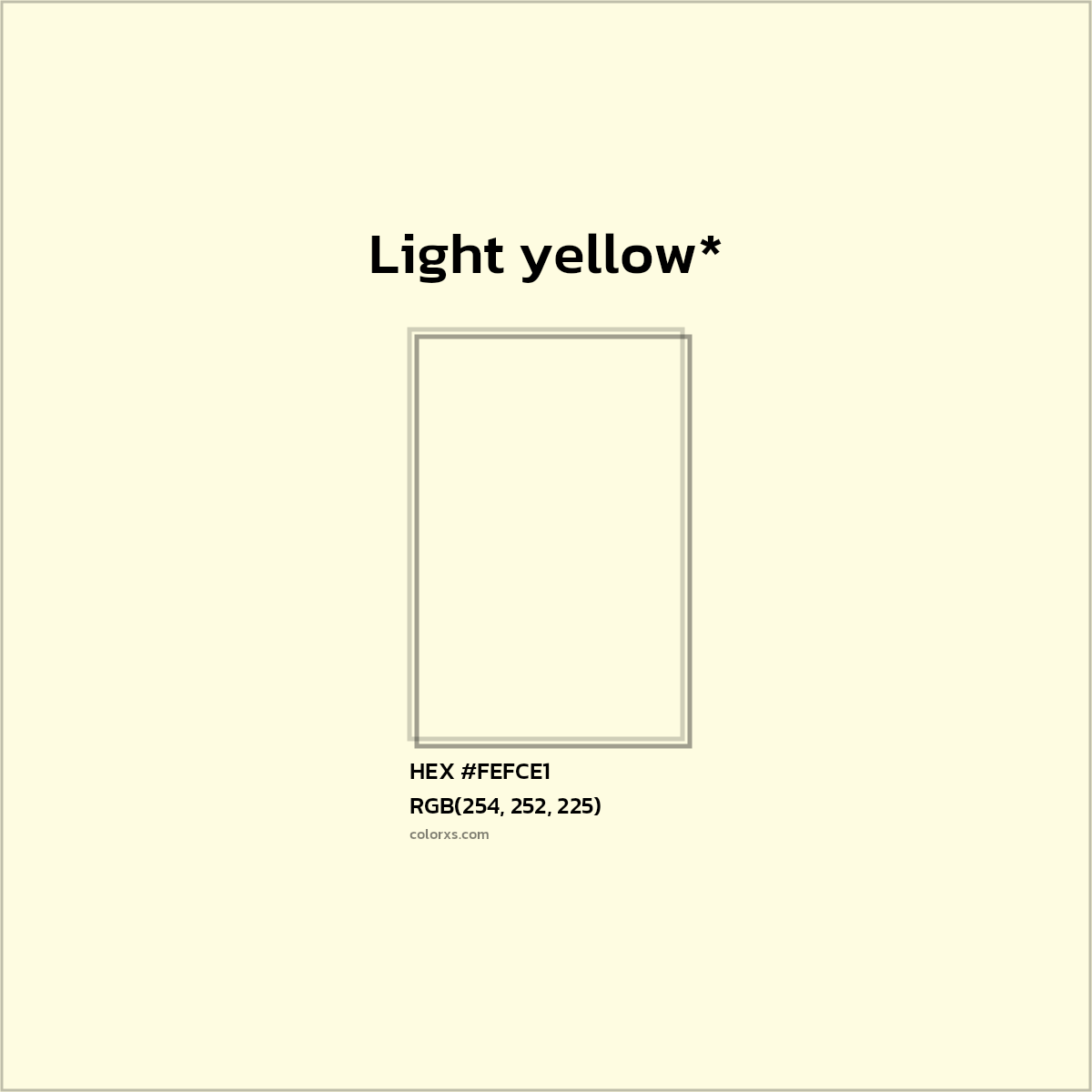 #FEFCE1 hex color. RGB, RYB, CMYK, HSL, HSV codes and color conversions. Matching color names, palettes, paints.