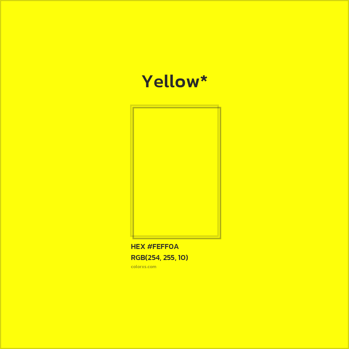 #FEFF0A hex color. RGB, RYB, CMYK, HSL, HSV codes and color conversions. Matching color names, palettes, paints.