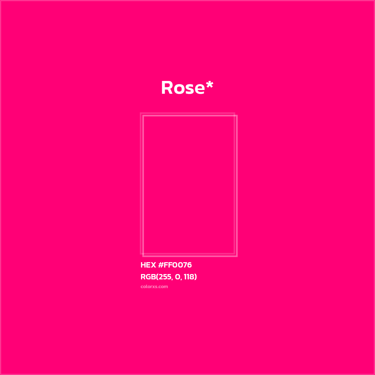 #FF0076 hex color. RGB, RYB, CMYK, HSL, HSV codes and color conversions. Matching color names, palettes, paints.