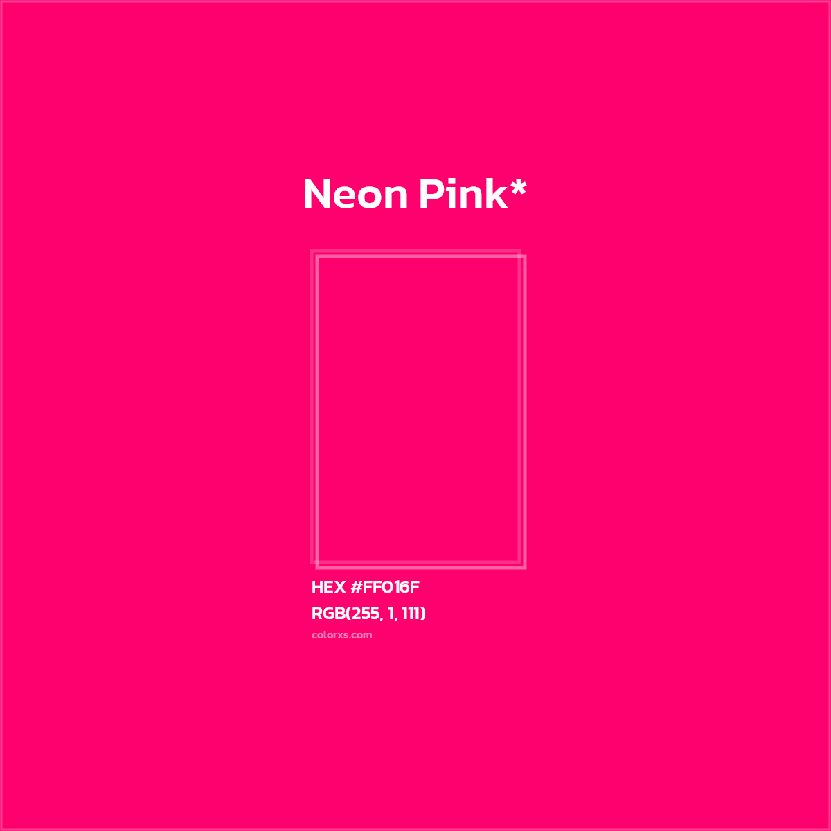 #FF016F hex color. RGB, RYB, CMYK, HSL, HSV codes and color conversions. Matching color names, palettes, paints.