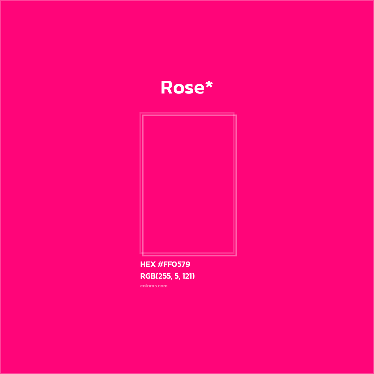 #FF0579 hex color. RGB, RYB, CMYK, HSL, HSV codes and color conversions. Matching color names, palettes, paints.