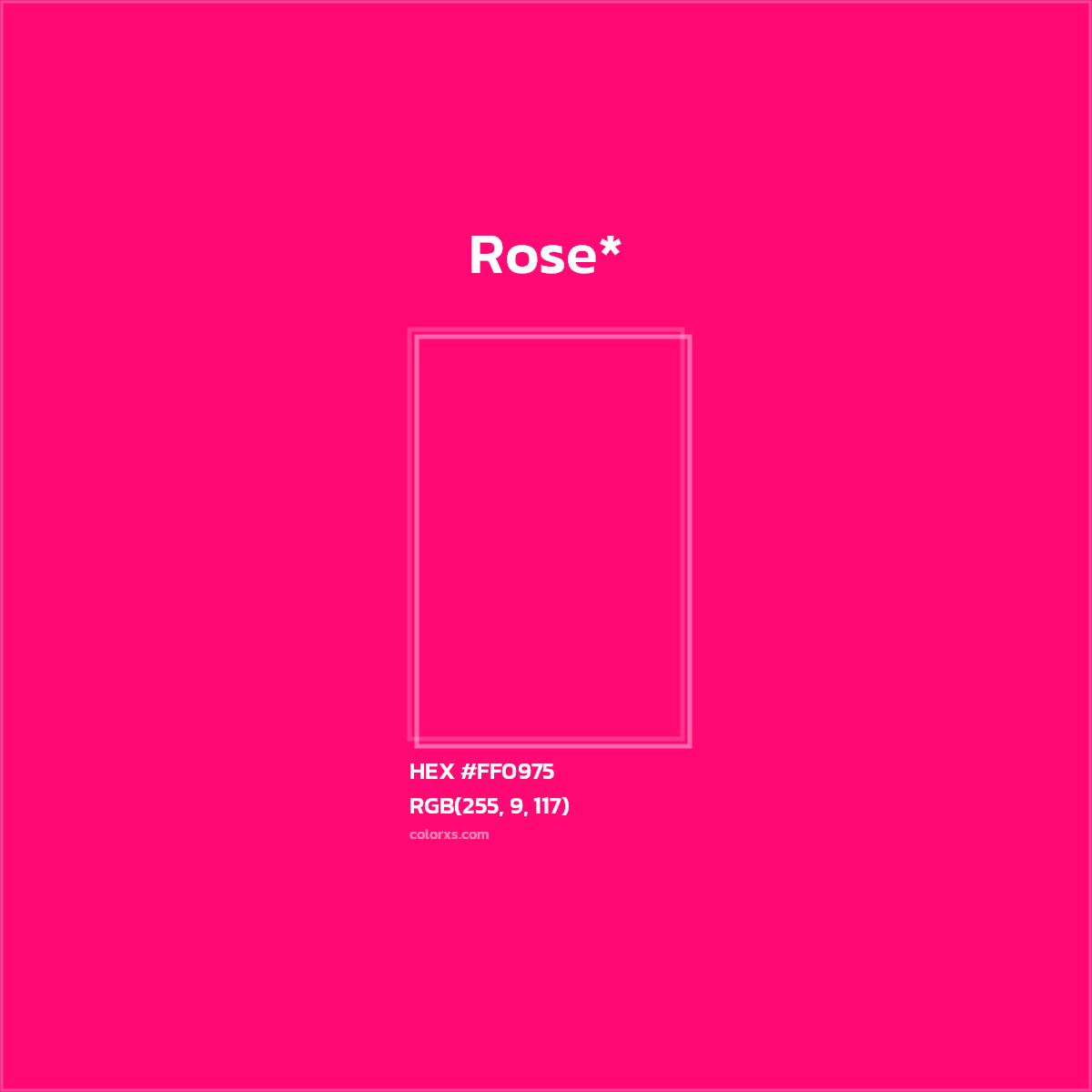 #FF0975 hex color. RGB, RYB, CMYK, HSL, HSV codes and color conversions. Matching color names, palettes, paints.
