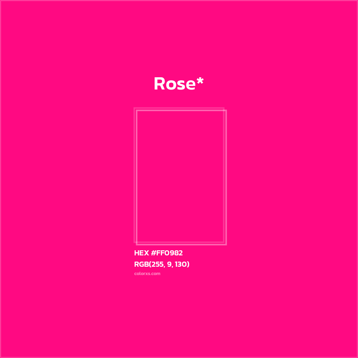 #FF0982 hex color. RGB, RYB, CMYK, HSL, HSV codes and color conversions. Matching color names, palettes, paints.