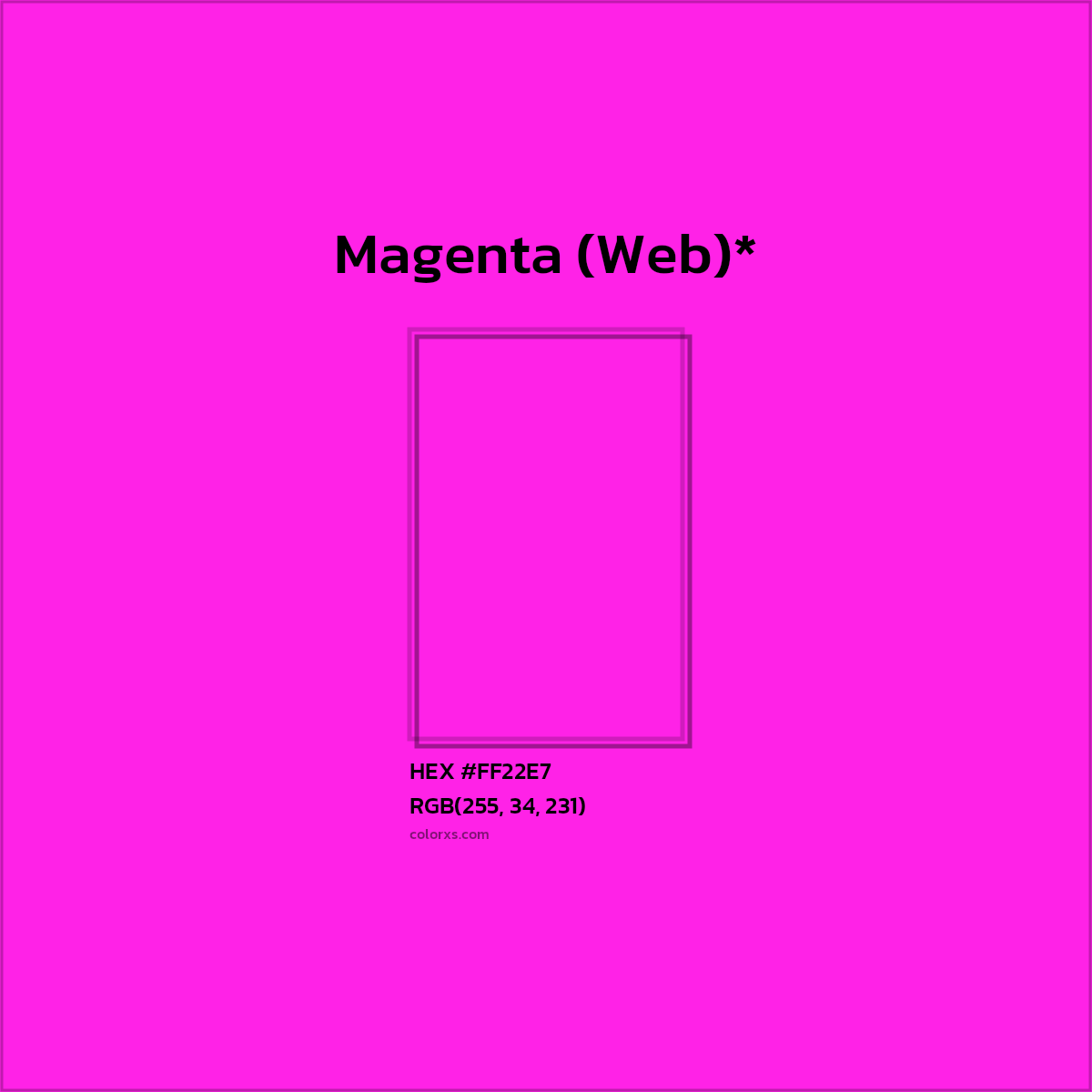 #FF22E7 hex color. RGB, RYB, CMYK, HSL, HSV codes and color conversions. Matching color names, palettes, paints.
