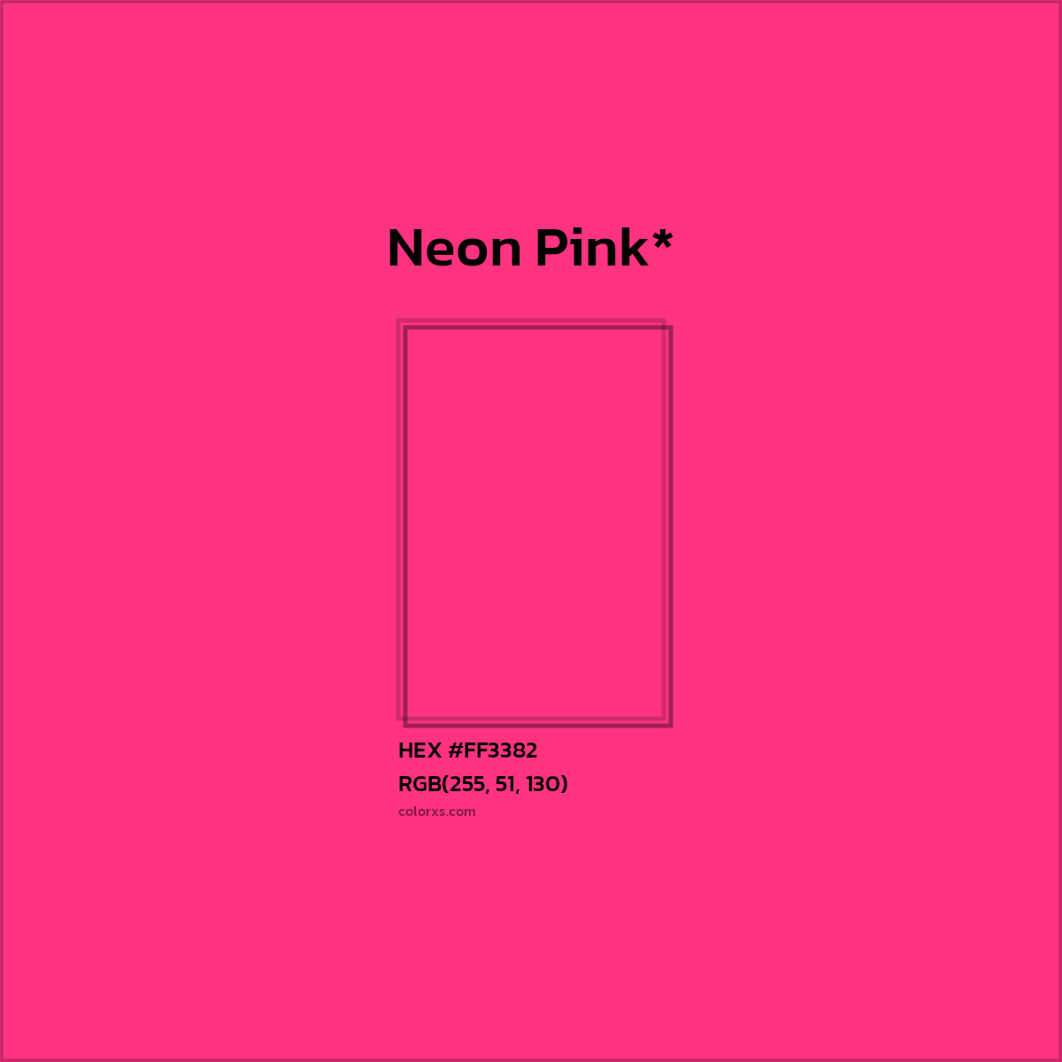 #FF3382 hex color. RGB, RYB, CMYK, HSL, HSV codes and color conversions. Matching color names, palettes, paints.