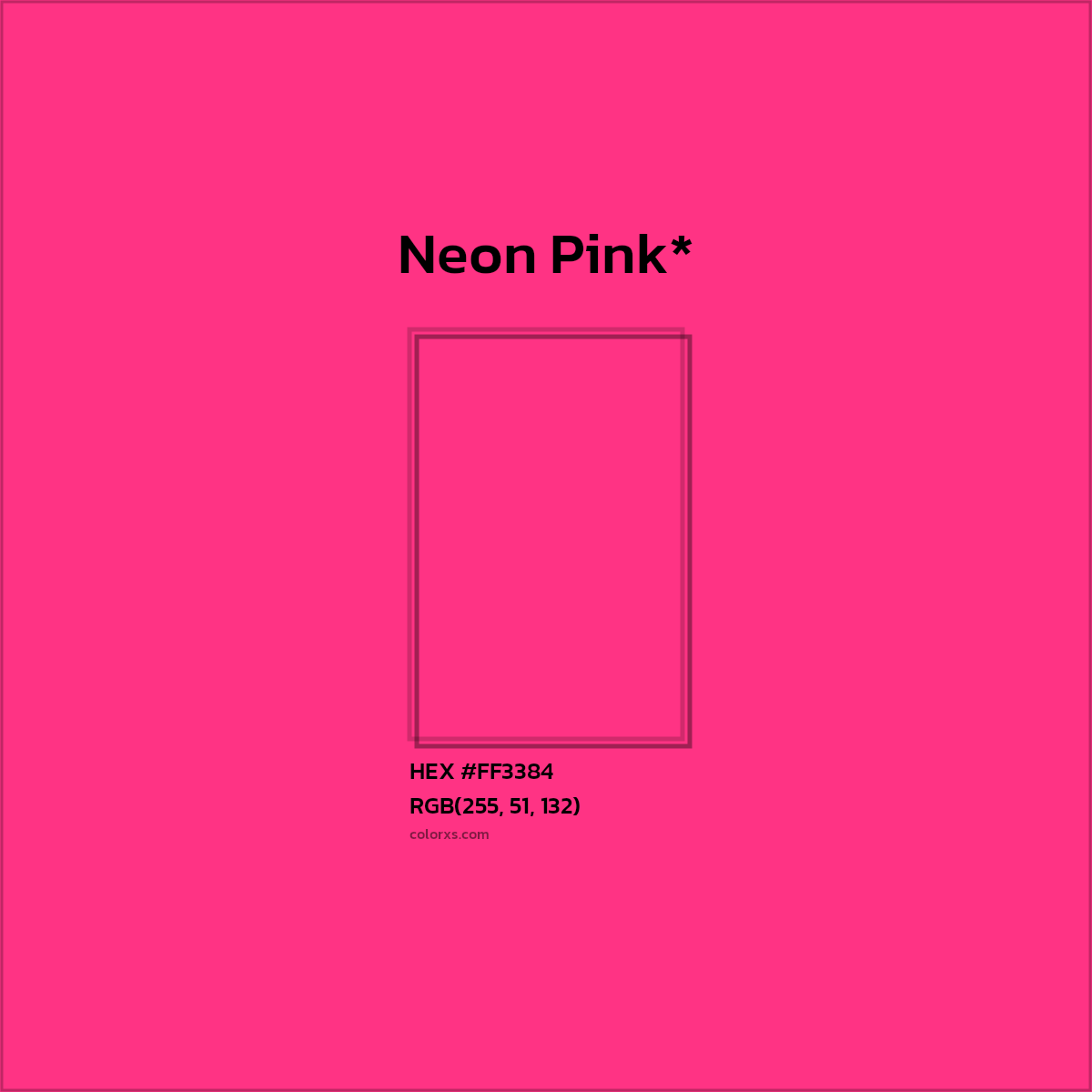 #FF3384 hex color. RGB, RYB, CMYK, HSL, HSV codes and color conversions. Matching color names, palettes, paints.