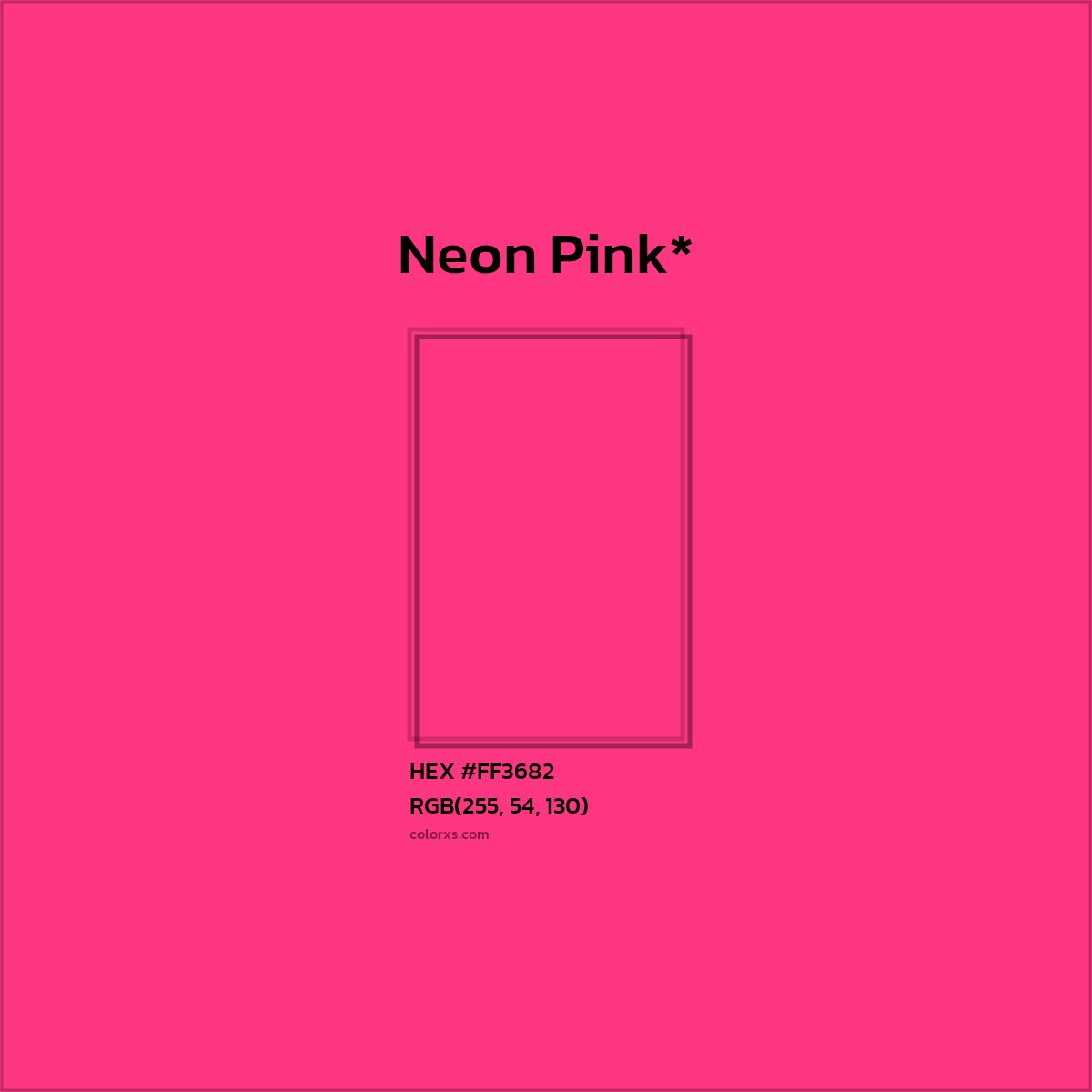 #FF3682 hex color. RGB, RYB, CMYK, HSL, HSV codes and color conversions. Matching color names, palettes, paints.