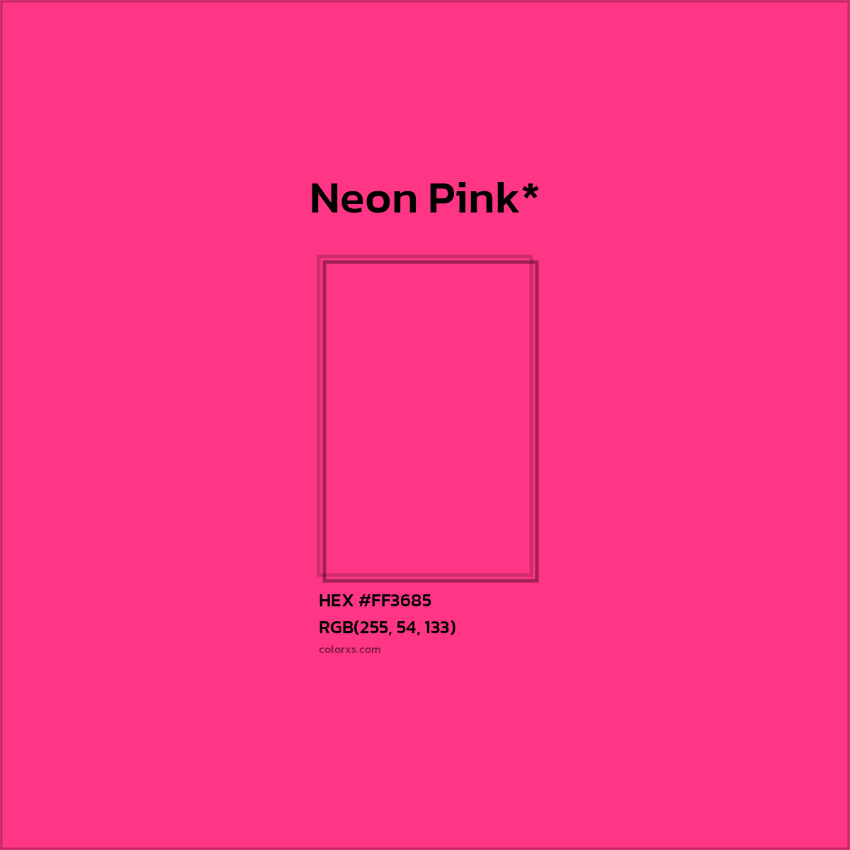 #FF3685 hex color. RGB, RYB, CMYK, HSL, HSV codes and color conversions. Matching color names, palettes, paints.