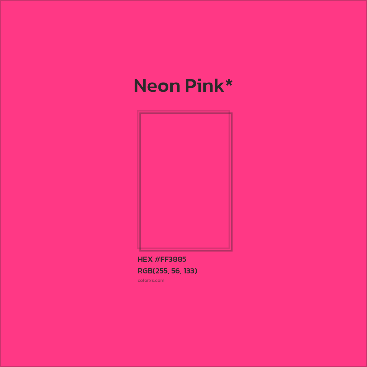 #FF3885 hex color. RGB, RYB, CMYK, HSL, HSV codes and color conversions. Matching color names, palettes, paints.