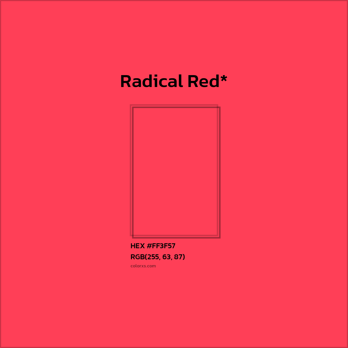#FF3F57 hex color. RGB, RYB, CMYK, HSL, HSV codes and color conversions. Matching color names, palettes, paints.