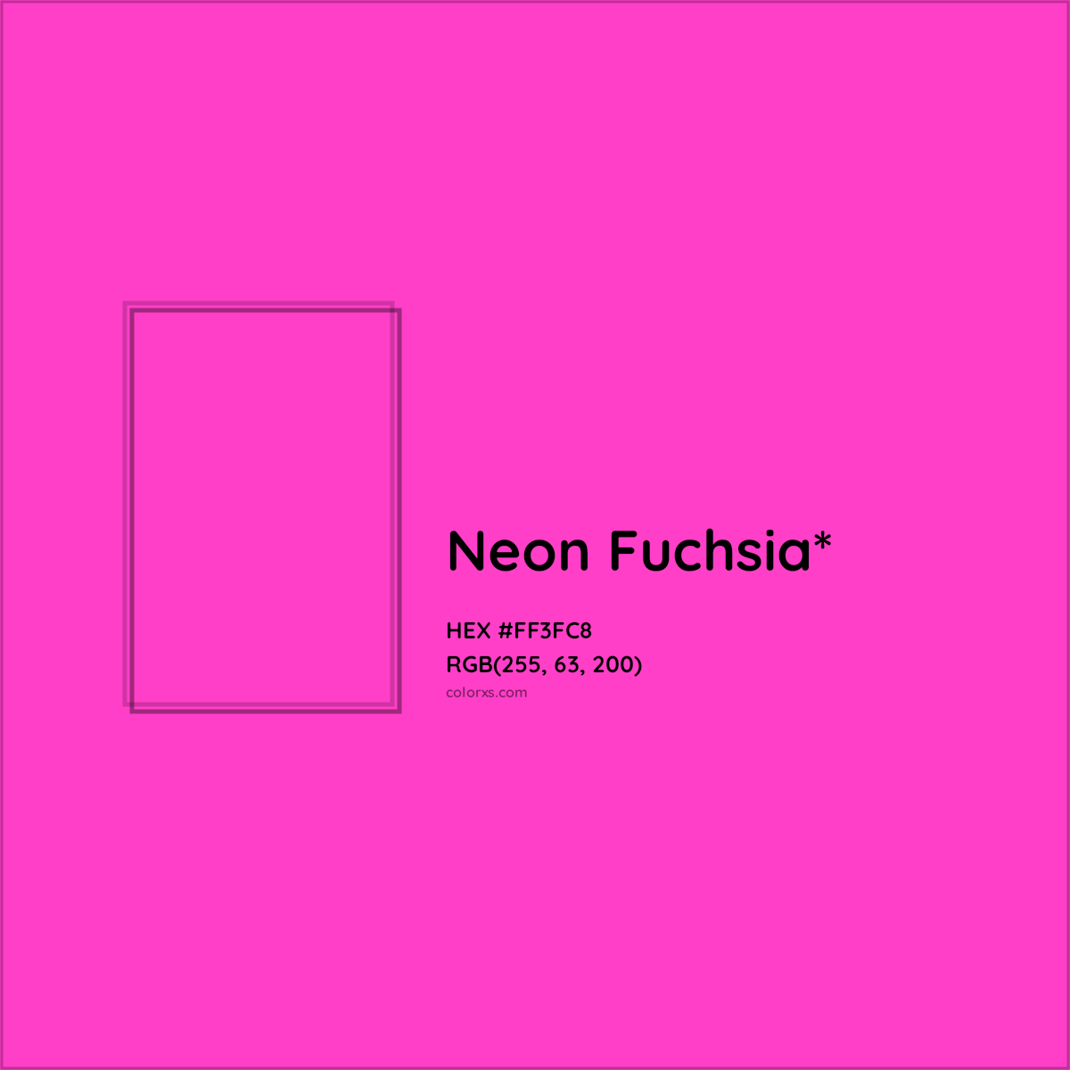 #FF3FC8 hex color. RGB, RYB, CMYK, HSL, HSV codes and color conversions. Matching color names, palettes, paints.