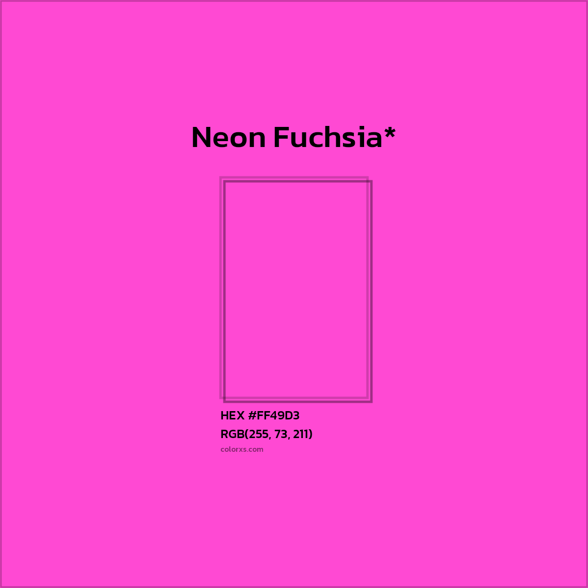 #FF49D3 hex color. RGB, RYB, CMYK, HSL, HSV codes and color conversions. Matching color names, palettes, paints.