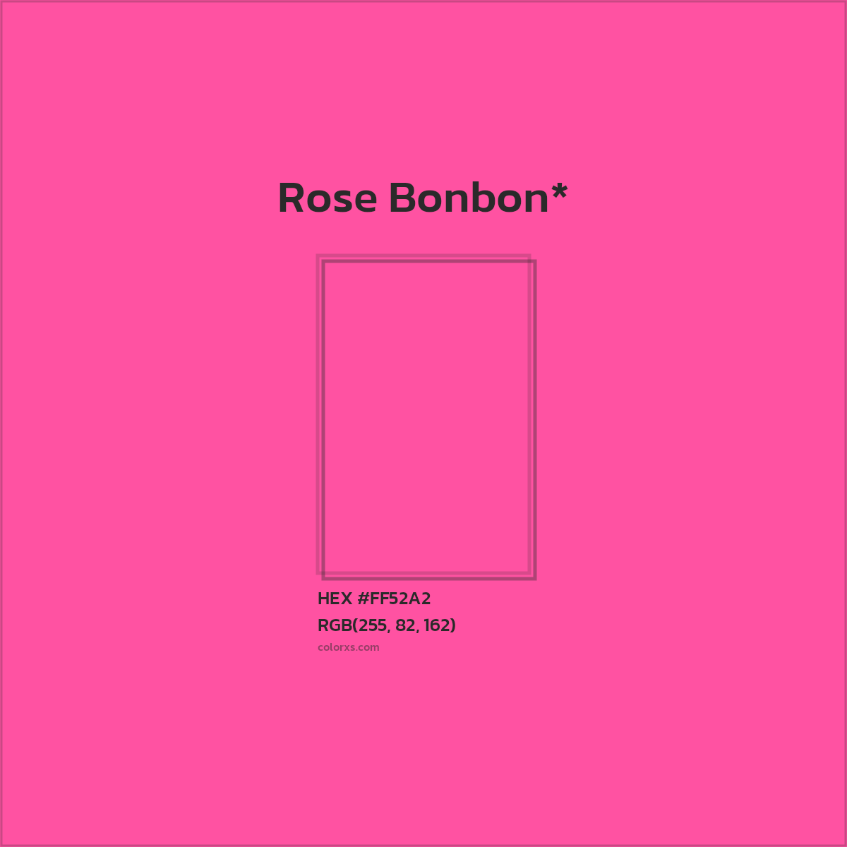 #FF52A2 hex color. RGB, RYB, CMYK, HSL, HSV codes and color conversions. Matching color names, palettes, paints.