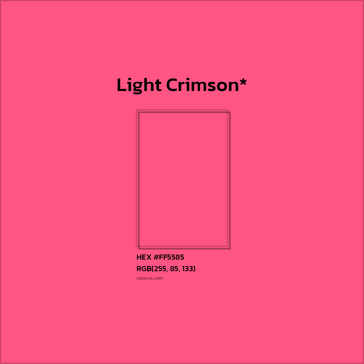 #FF5585 hex color. RGB, RYB, CMYK, HSL, HSV codes and color conversions. Matching color names, palettes, paints.