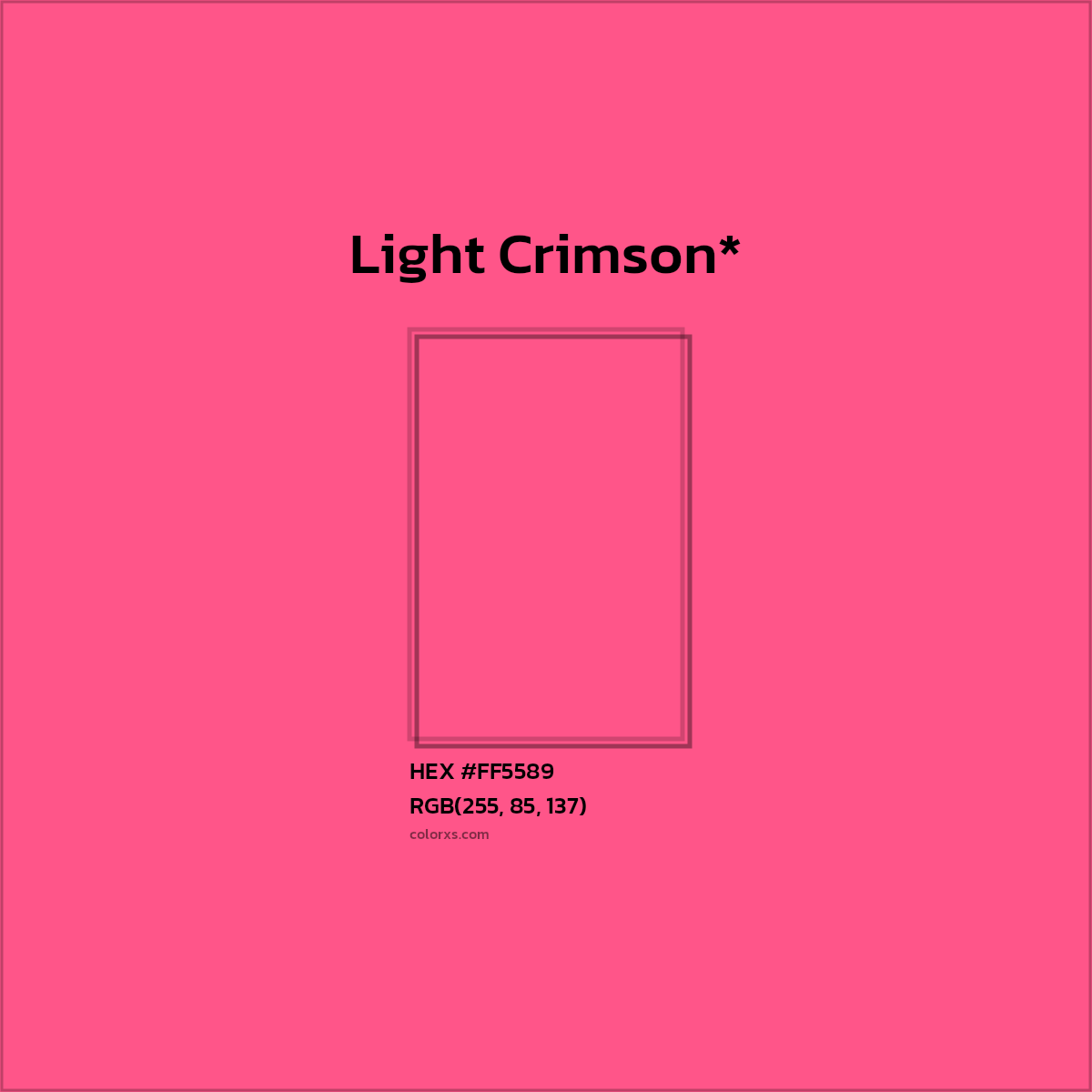 #FF5589 hex color. RGB, RYB, CMYK, HSL, HSV codes and color conversions. Matching color names, palettes, paints.