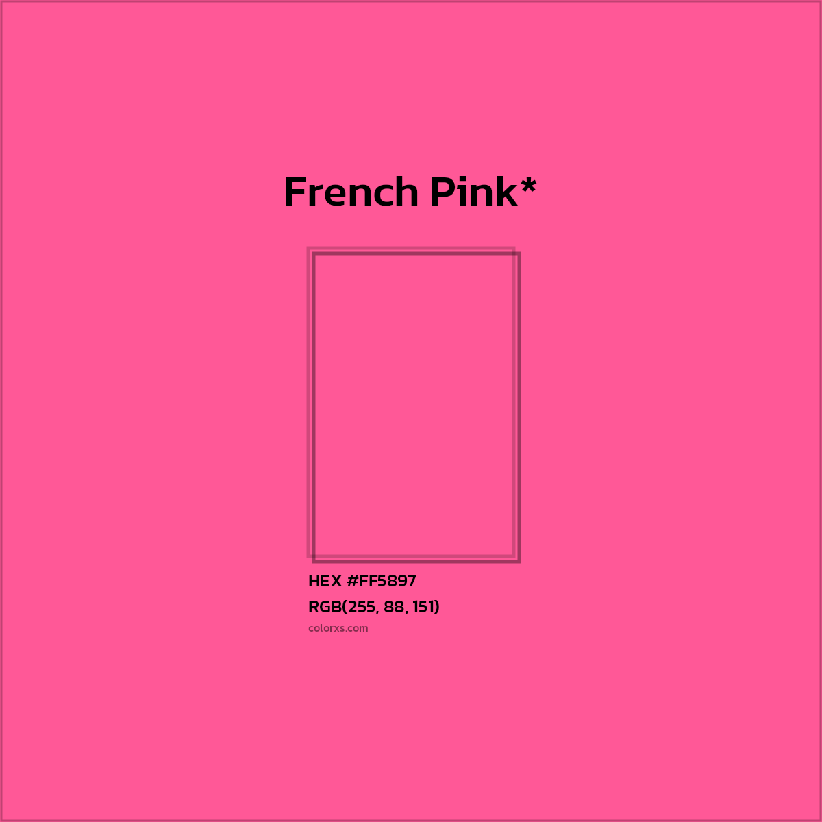 #FF5897 hex color. RGB, RYB, CMYK, HSL, HSV codes and color conversions. Matching color names, palettes, paints.