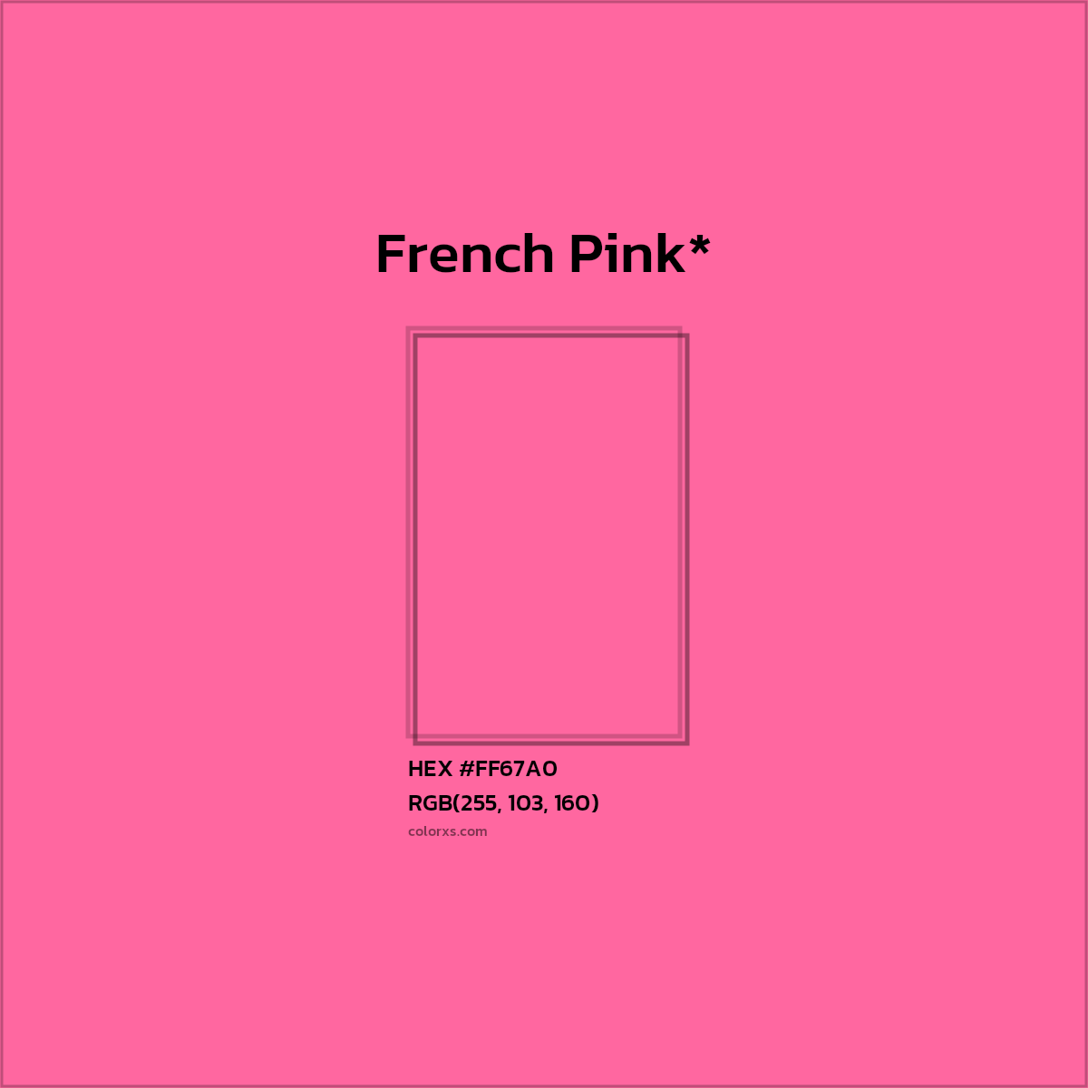 #FF67A0 hex color. RGB, RYB, CMYK, HSL, HSV codes and color conversions. Matching color names, palettes, paints.