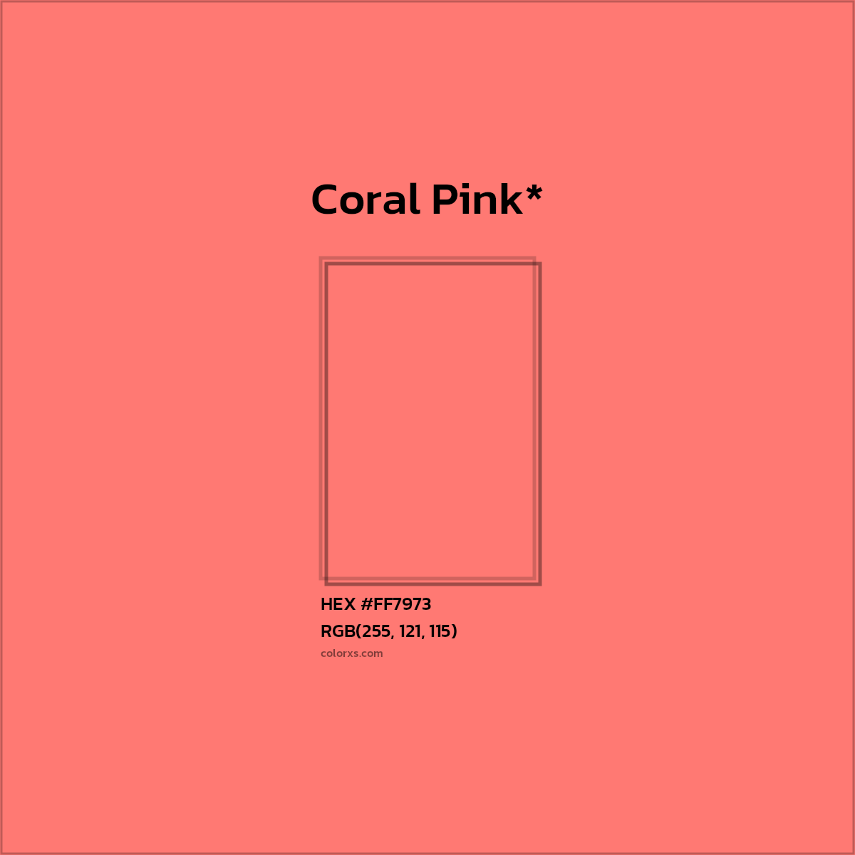 #FF7973 hex color. RGB, RYB, CMYK, HSL, HSV codes and color conversions. Matching color names, palettes, paints.