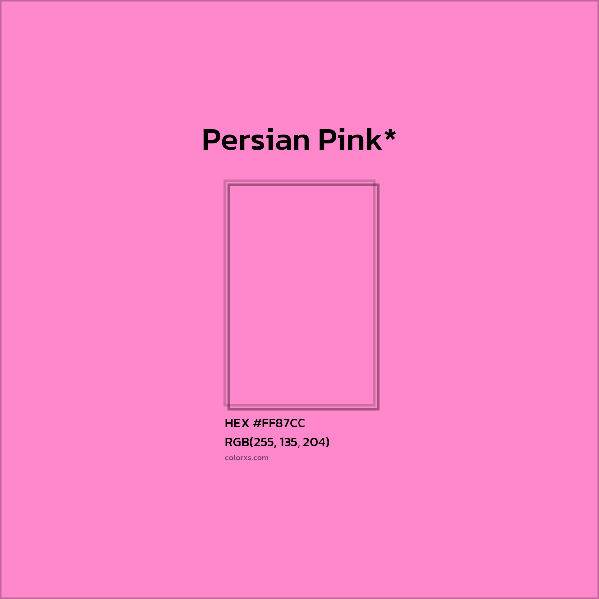 #FF87CC hex color. RGB, RYB, CMYK, HSL, HSV codes and color conversions. Matching color names, palettes, paints.