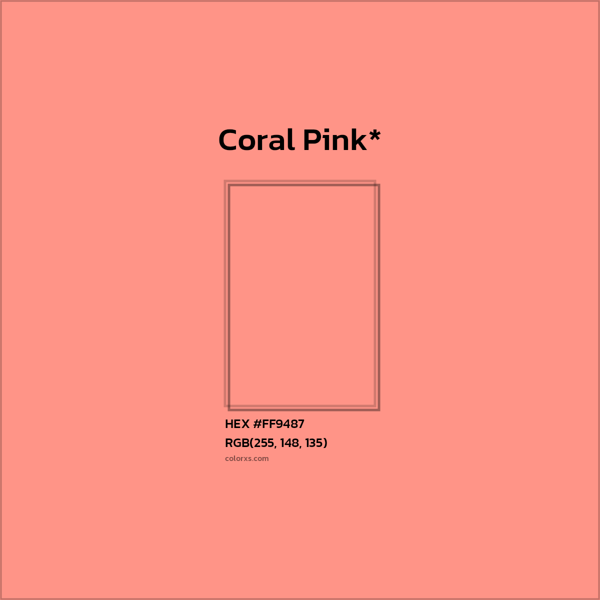 #FF9487 hex color. RGB, RYB, CMYK, HSL, HSV codes and color conversions. Matching color names, palettes, paints.