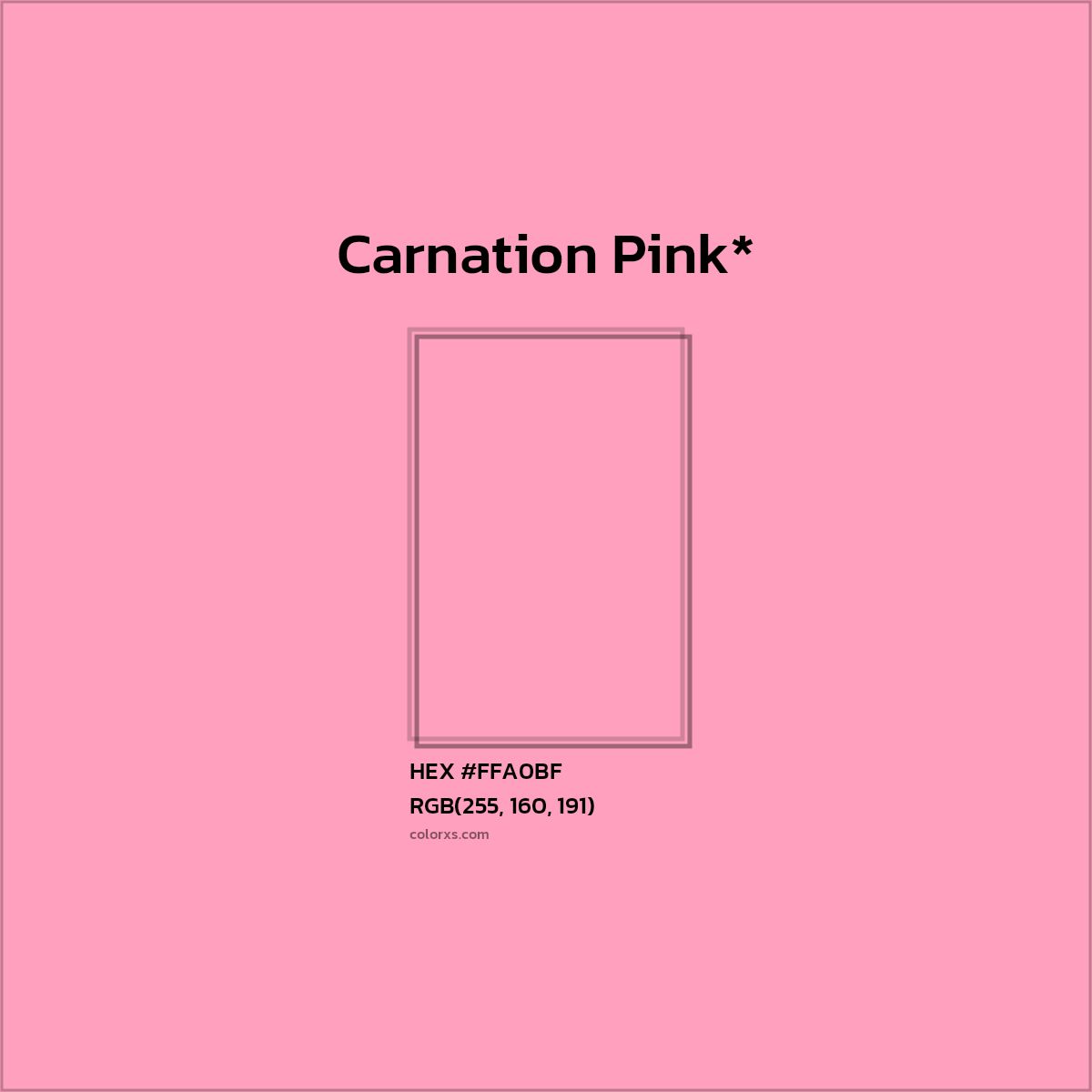 #FFA0BF hex color. RGB, RYB, CMYK, HSL, HSV codes and color conversions. Matching color names, palettes, paints.