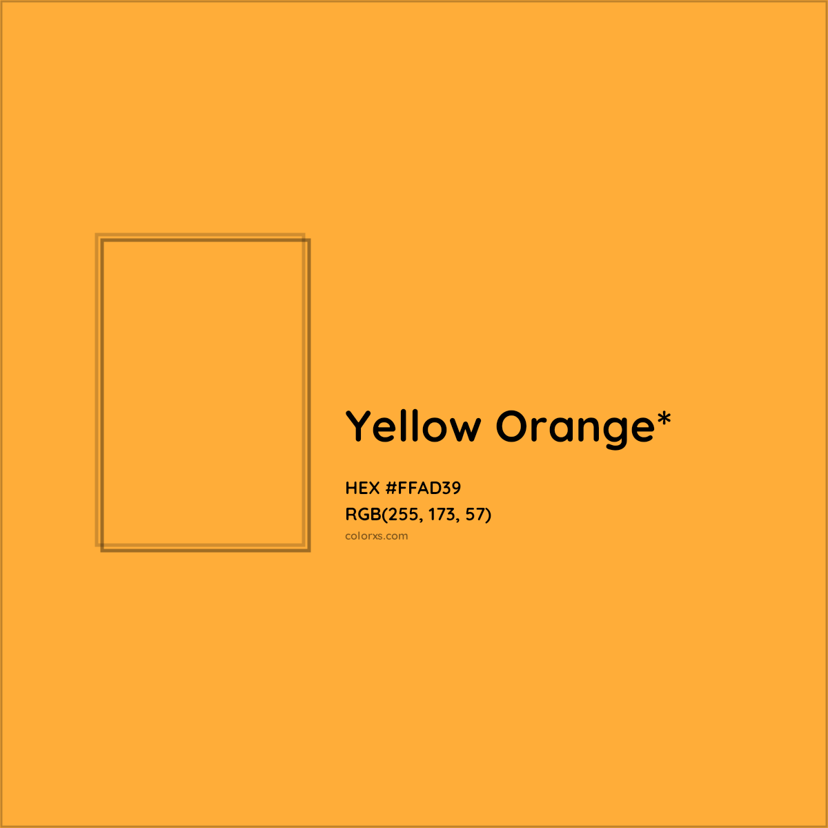#FFAD39 hex color. RGB, RYB, CMYK, HSL, HSV codes and color conversions. Matching color names, palettes, paints.