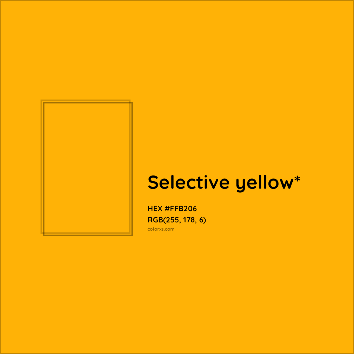 #FFB206 hex color. RGB, RYB, CMYK, HSL, HSV codes and color conversions. Matching color names, palettes, paints.