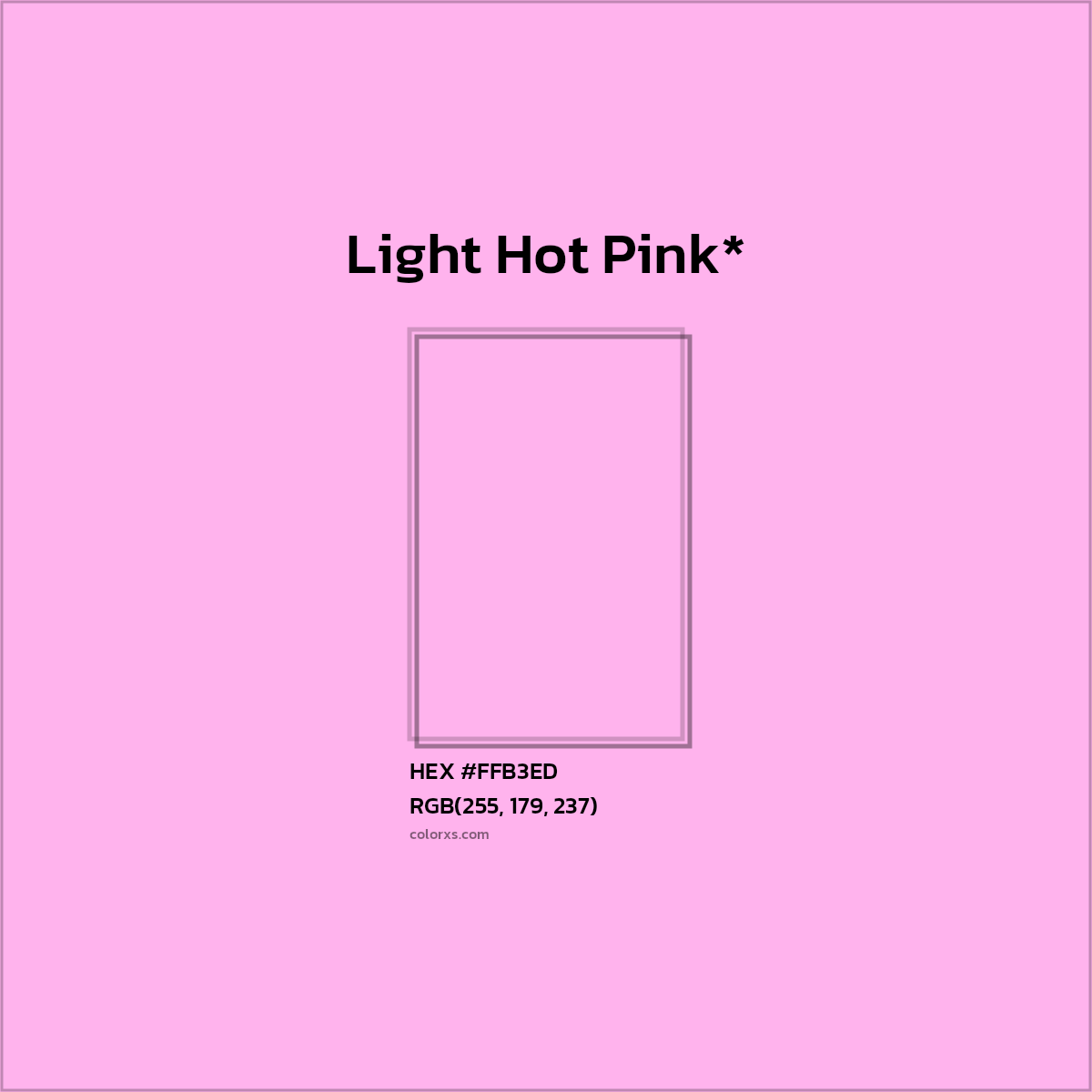 #FFB3ED hex color. RGB, RYB, CMYK, HSL, HSV codes and color conversions. Matching color names, palettes, paints.