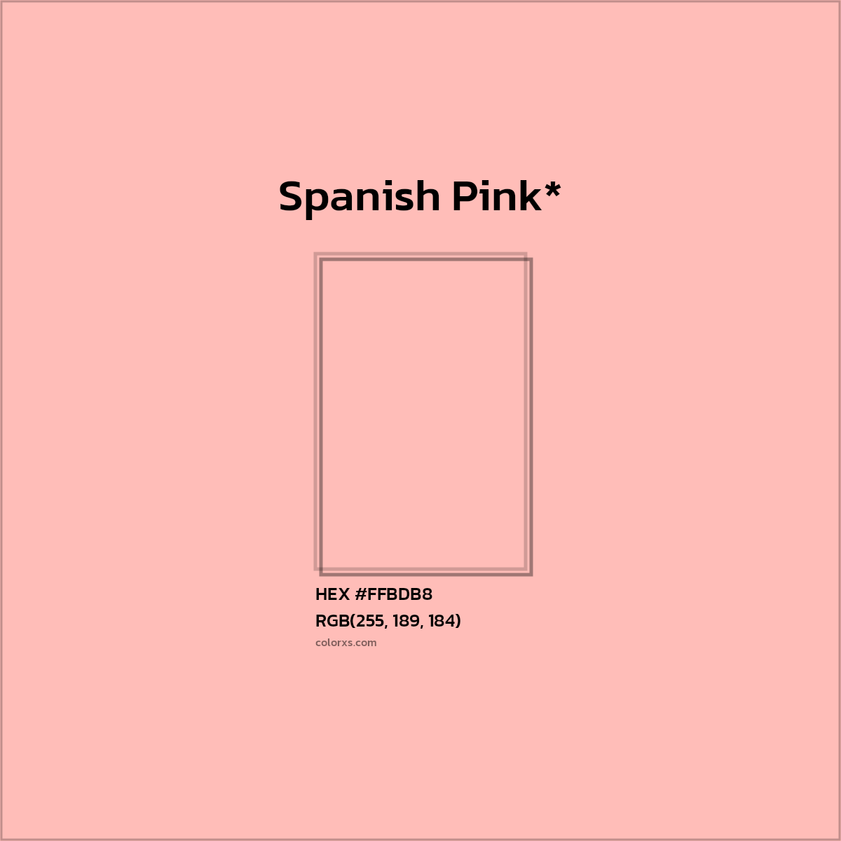 #FFBDB8 hex color. RGB, RYB, CMYK, HSL, HSV codes and color conversions. Matching color names, palettes, paints.