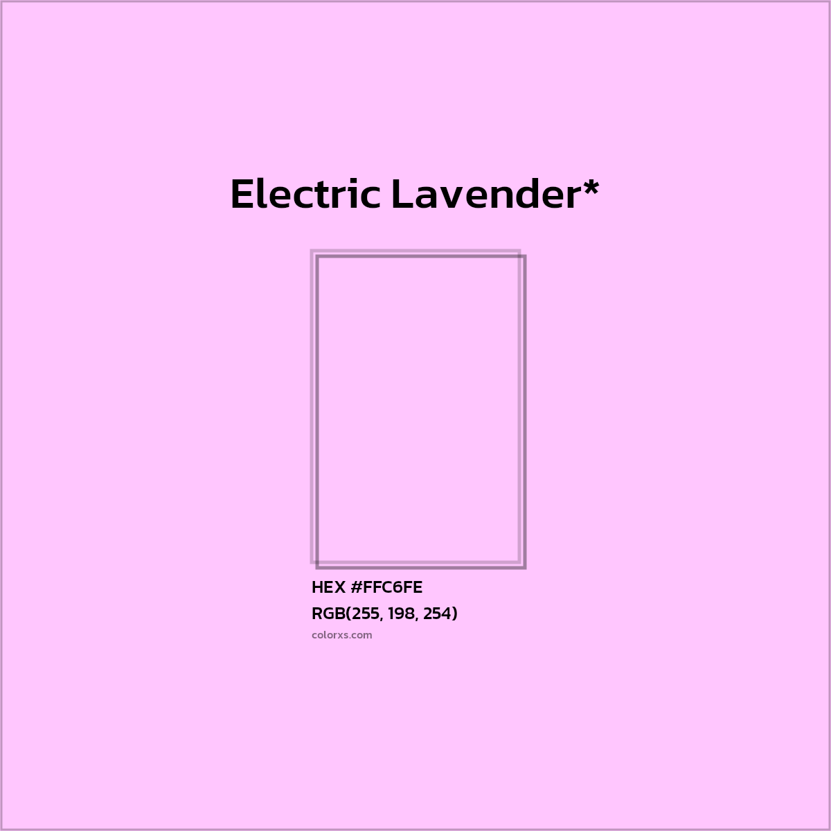 #FFC6FE hex color. RGB, RYB, CMYK, HSL, HSV codes and color conversions. Matching color names, palettes, paints.