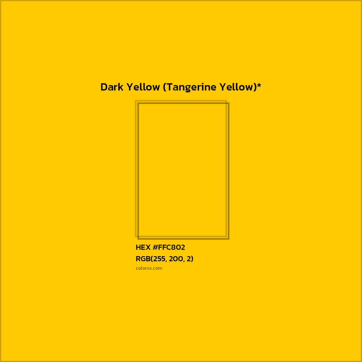 #FFC802 hex color. RGB, RYB, CMYK, HSL, HSV codes and color conversions. Matching color names, palettes, paints.
