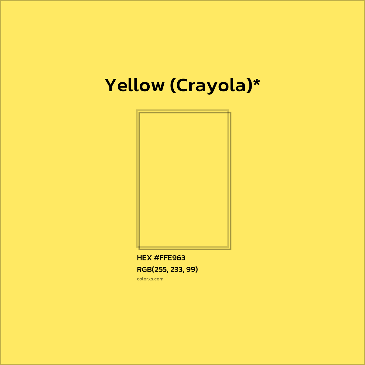 #FFE963 hex color. RGB, RYB, CMYK, HSL, HSV codes and color conversions. Matching color names, palettes, paints.