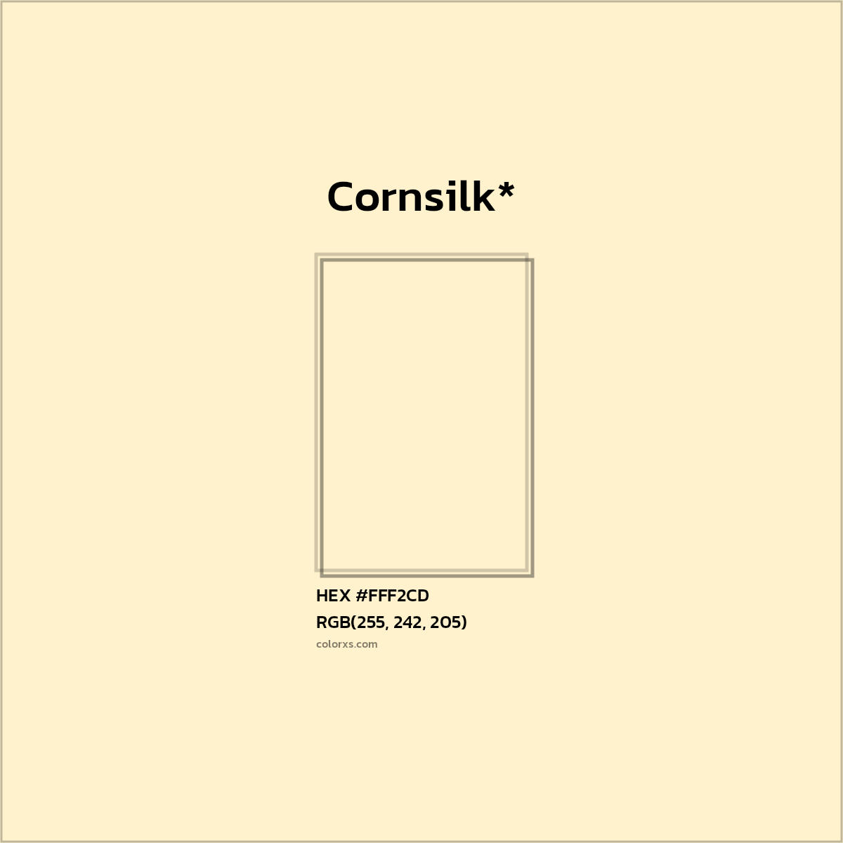 #FFF2CD hex color. RGB, RYB, CMYK, HSL, HSV codes and color conversions. Matching color names, palettes, paints.