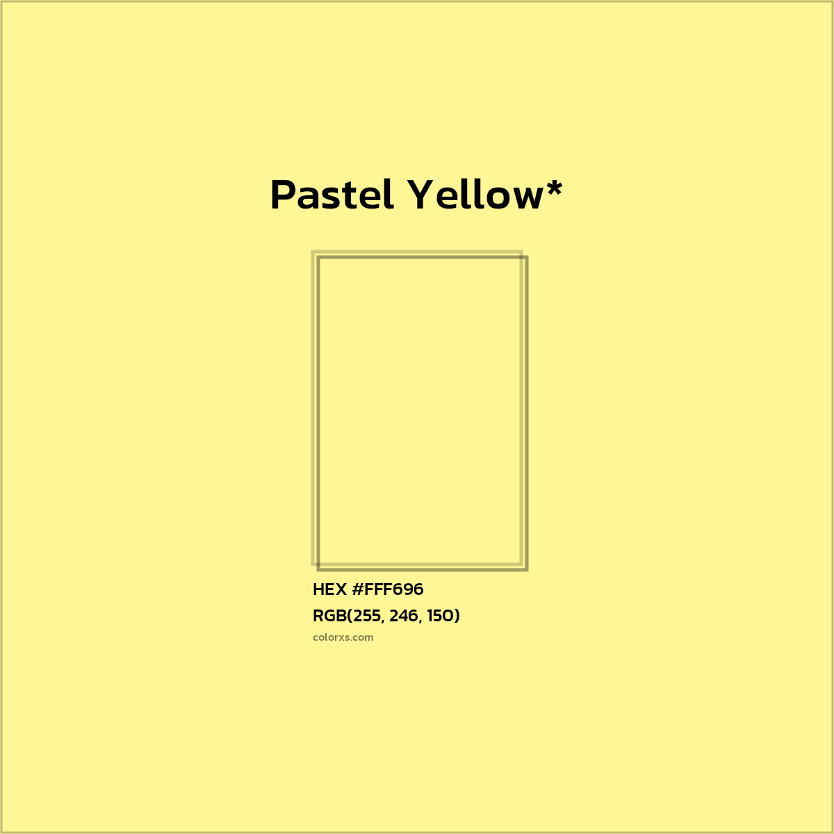 #FFF696 hex color. RGB, RYB, CMYK, HSL, HSV codes and color conversions. Matching color names, palettes, paints.