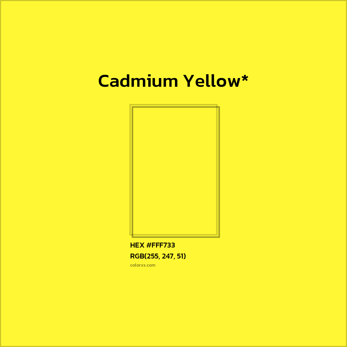 #FFF733 hex color. RGB, RYB, CMYK, HSL, HSV codes and color conversions. Matching color names, palettes, paints.