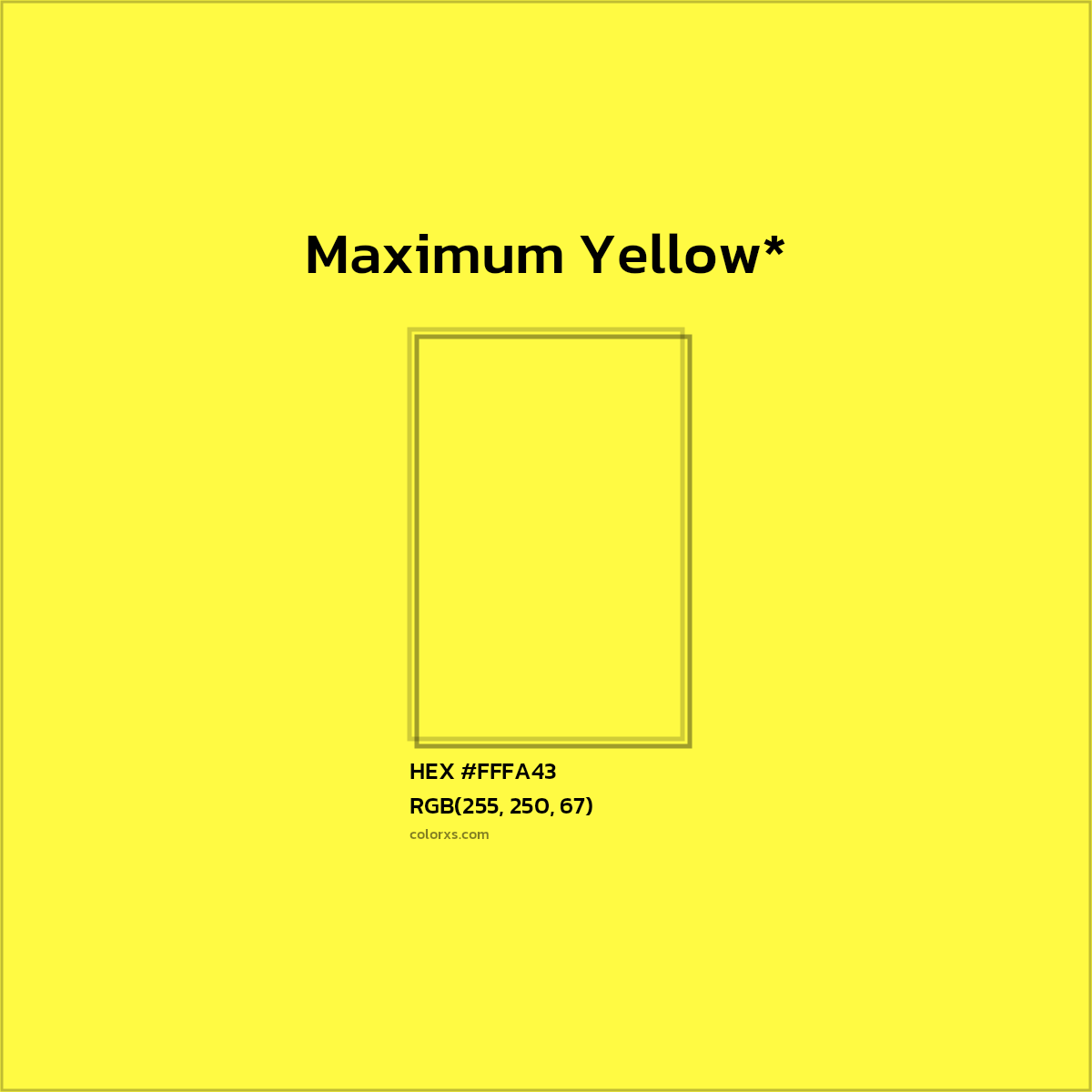 #FFFA43 hex color. RGB, RYB, CMYK, HSL, HSV codes and color conversions. Matching color names, palettes, paints.
