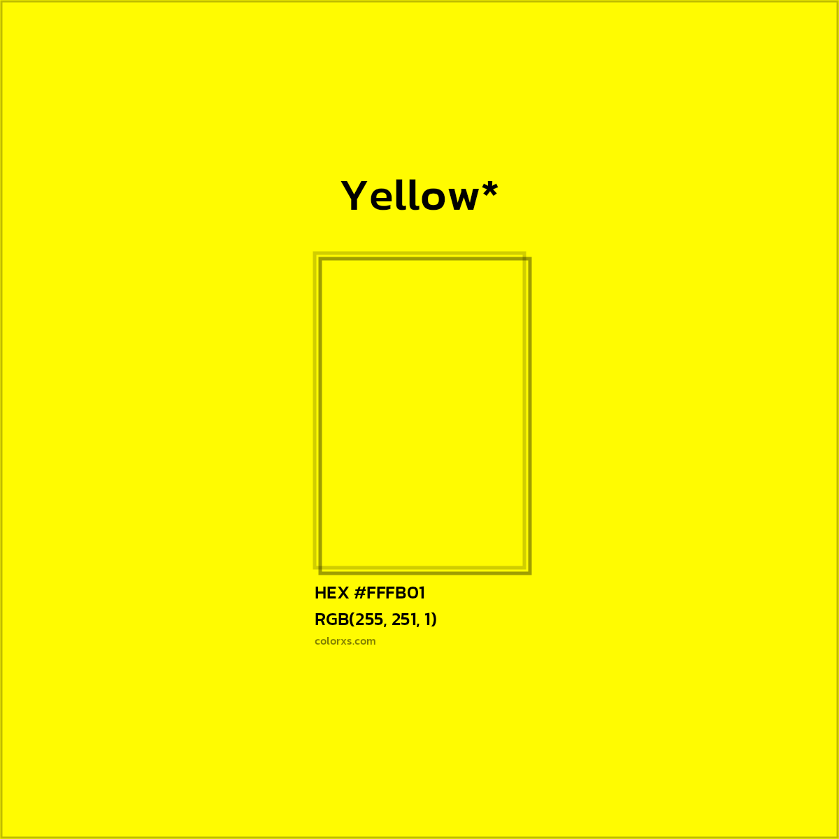 #FFFB01 hex color. RGB, RYB, CMYK, HSL, HSV codes and color conversions. Matching color names, palettes, paints.