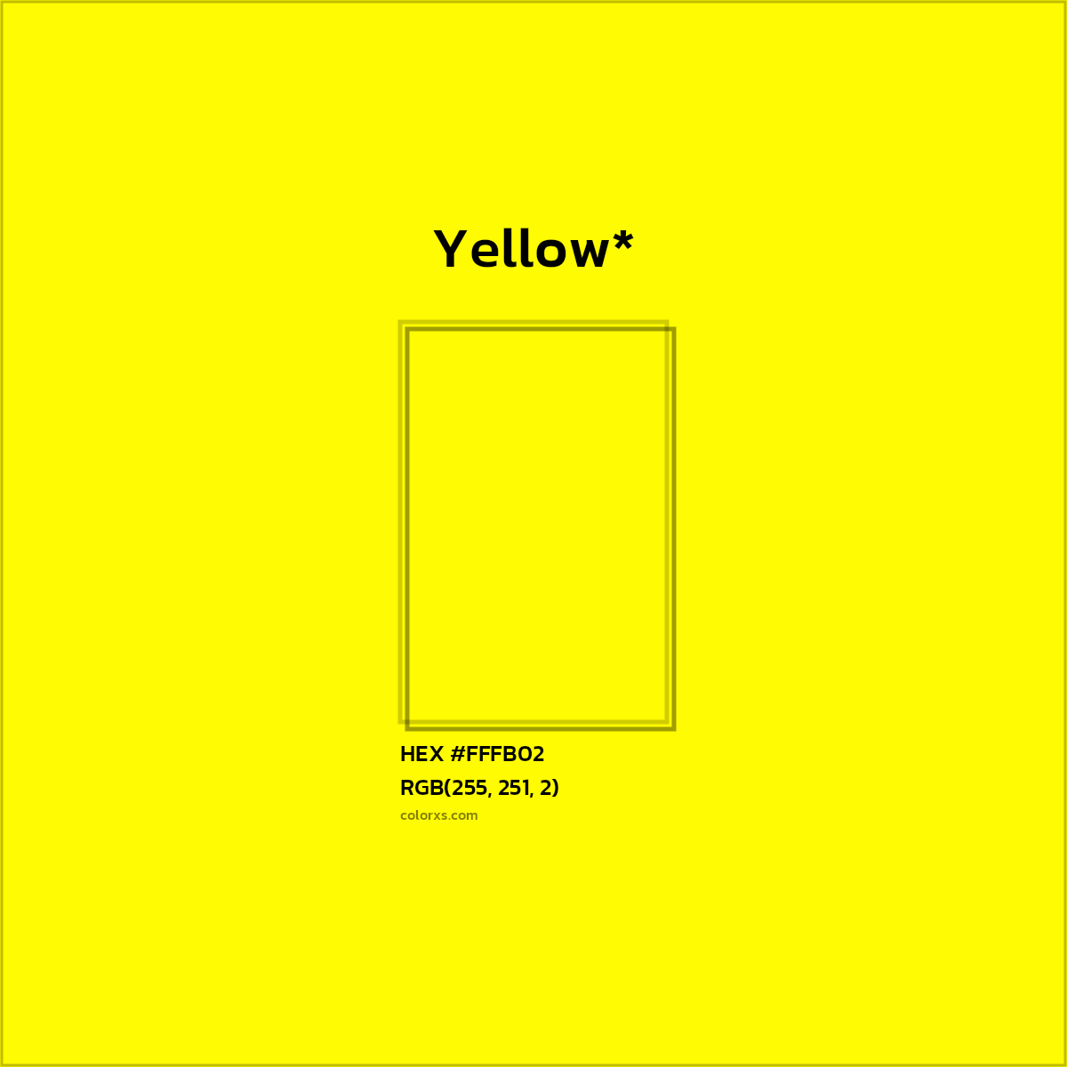 #FFFB02 hex color. RGB, RYB, CMYK, HSL, HSV codes and color conversions. Matching color names, palettes, paints.