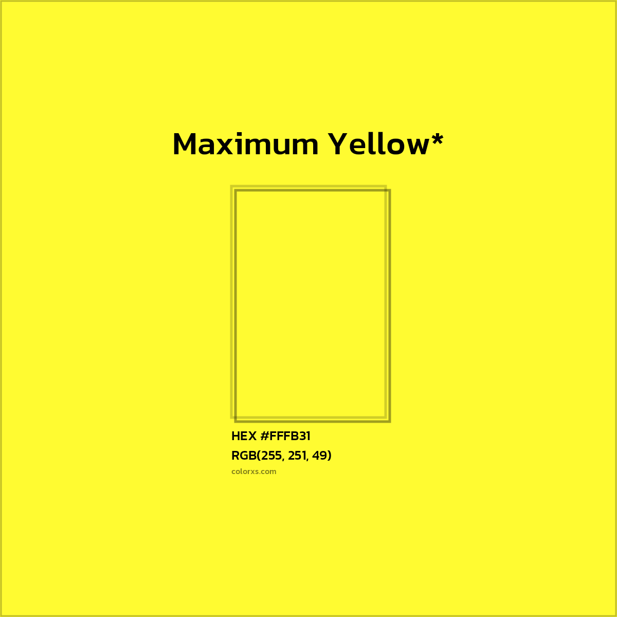 #FFFB31 hex color. RGB, RYB, CMYK, HSL, HSV codes and color conversions. Matching color names, palettes, paints.