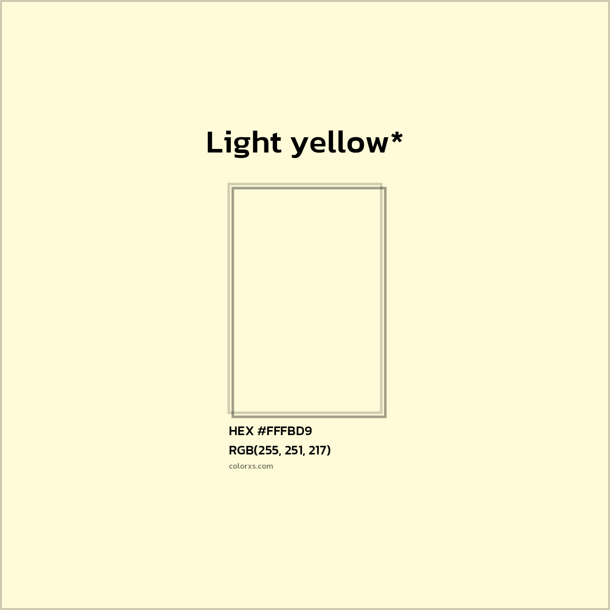 #FFFBD9 hex color. RGB, RYB, CMYK, HSL, HSV codes and color conversions. Matching color names, palettes, paints.